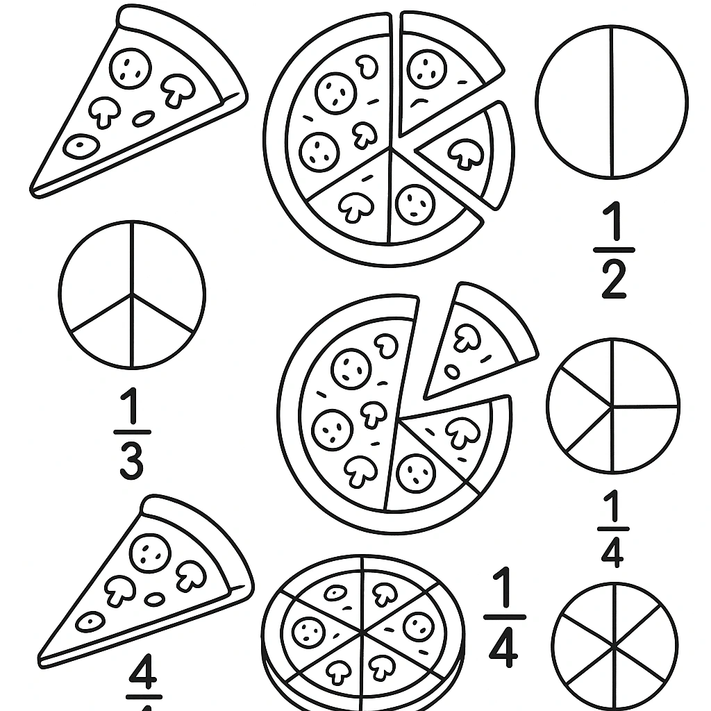 Fractions illustration with pizza slices and pie charts