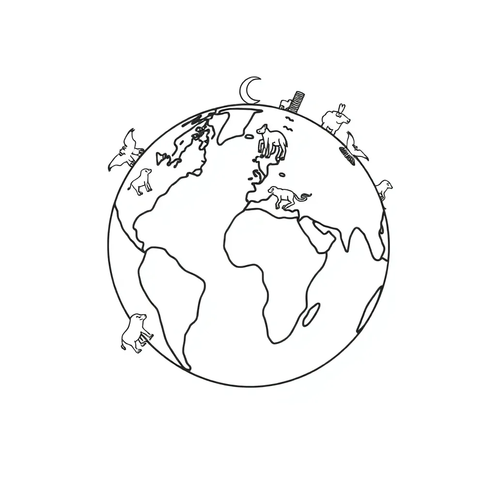 World map with various landmarks and places