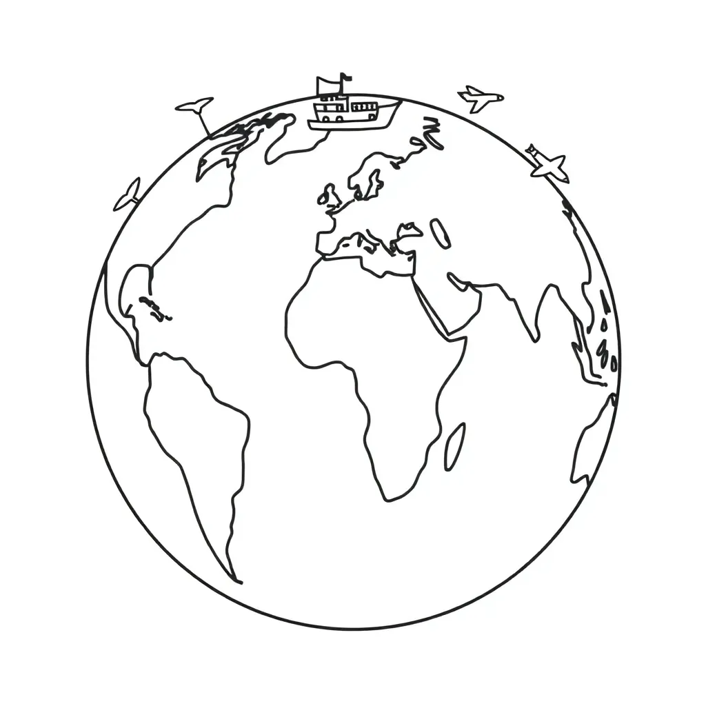 Global trade illustration showing ships, planes, and goods moving between countries