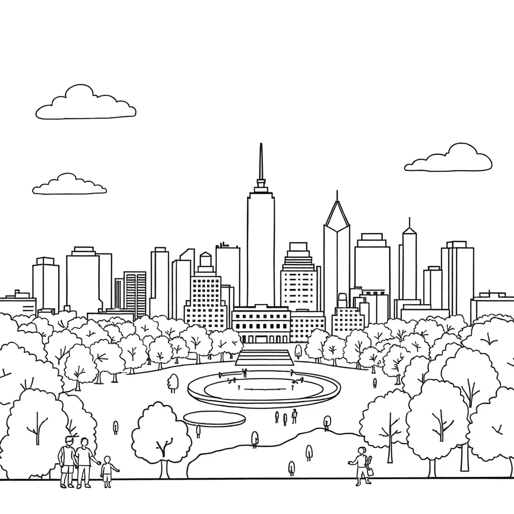 Urban cityscape with buildings, roads and transport