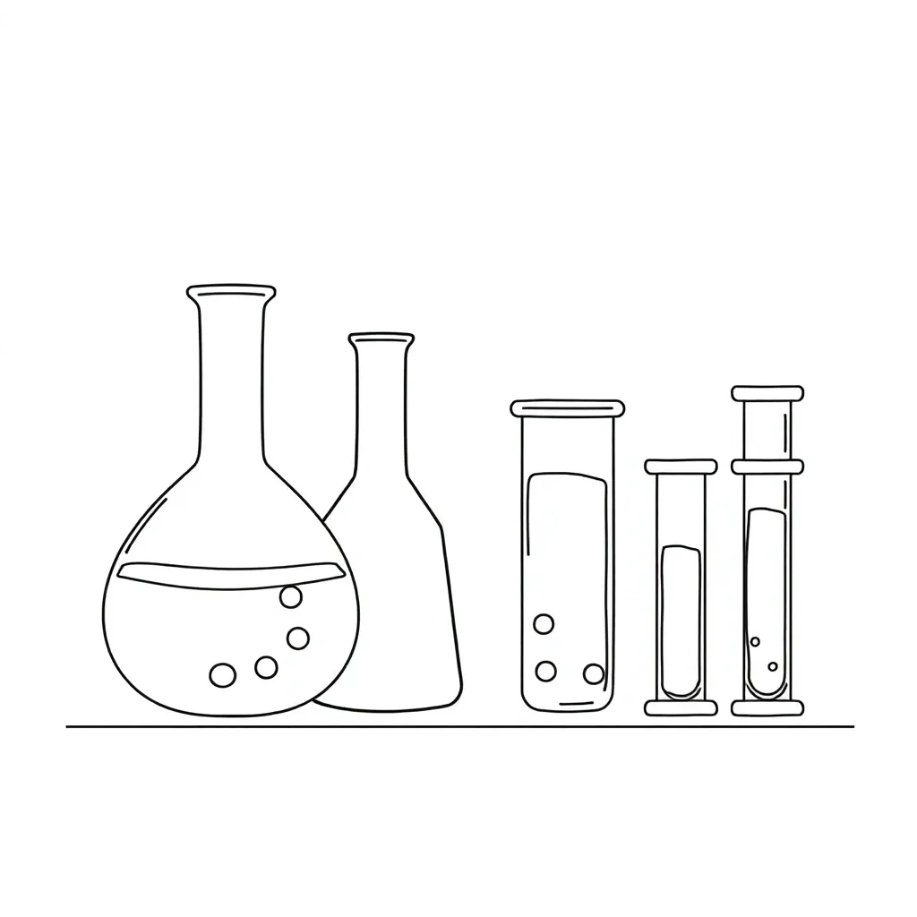 Science experiment with beakers and magnifying glass