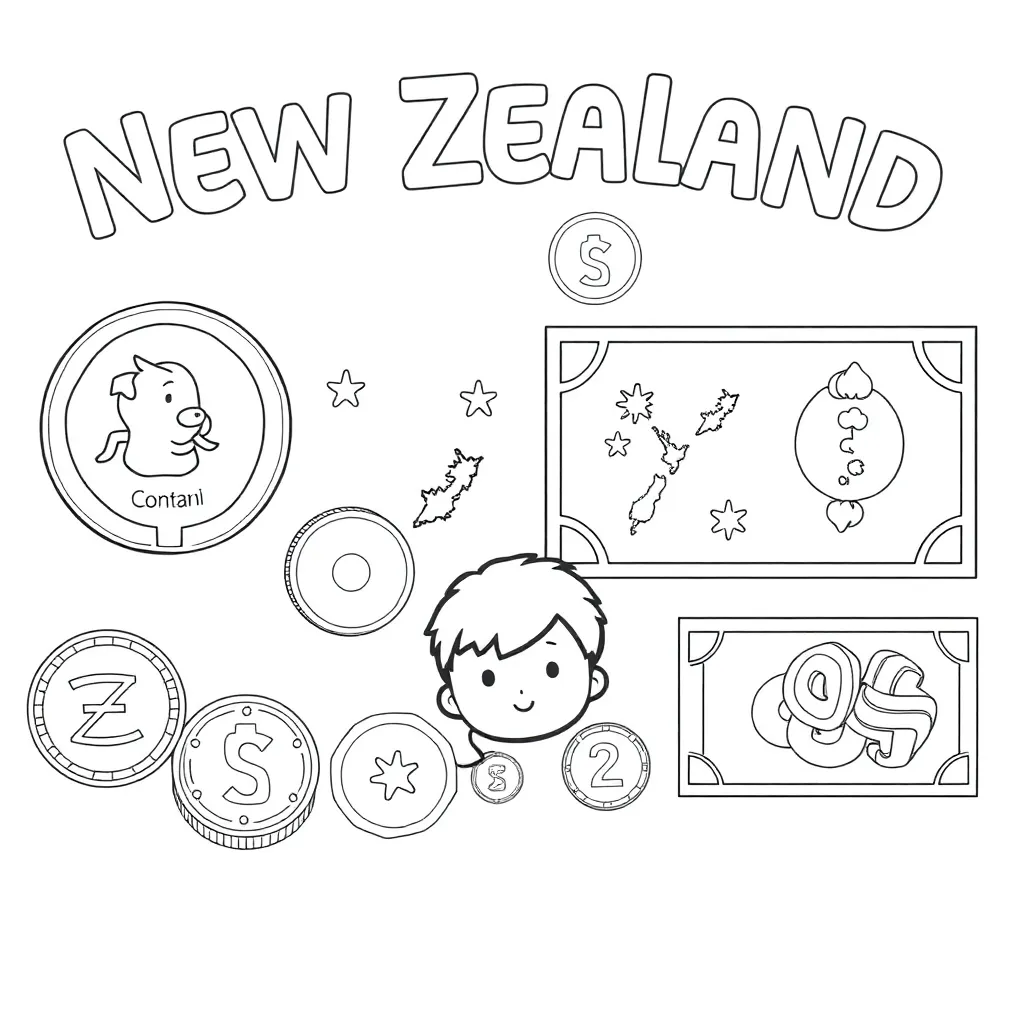 New Zealand coins and notes illustration