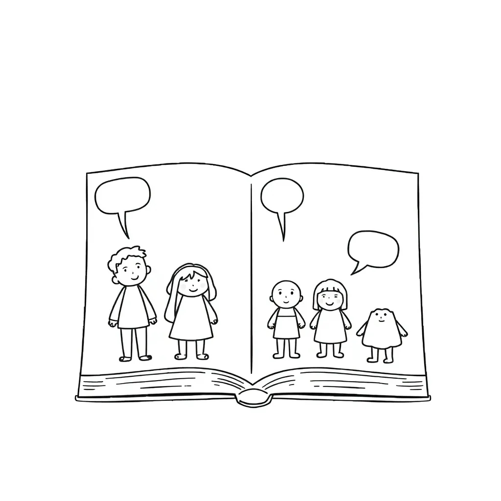 Open book with story characters emerging from pages