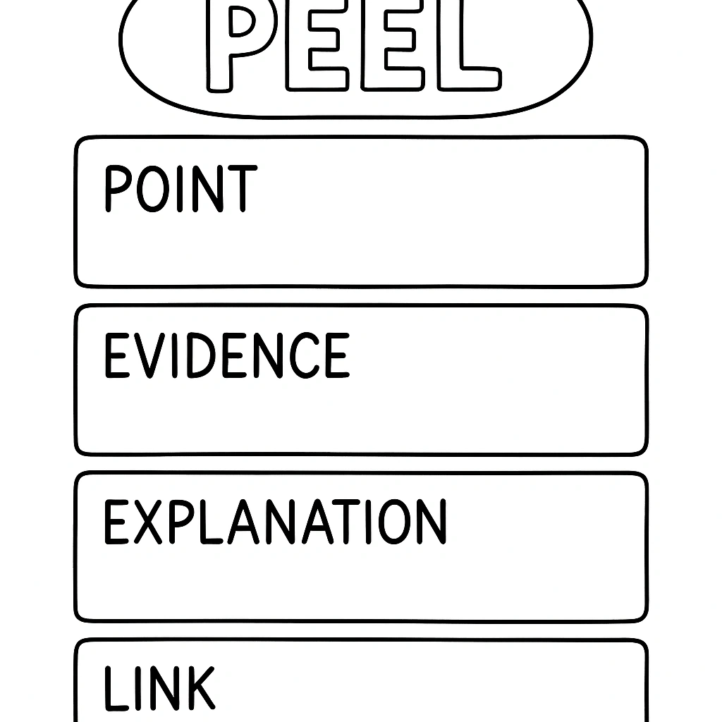 Student writing with PEEL structure diagram