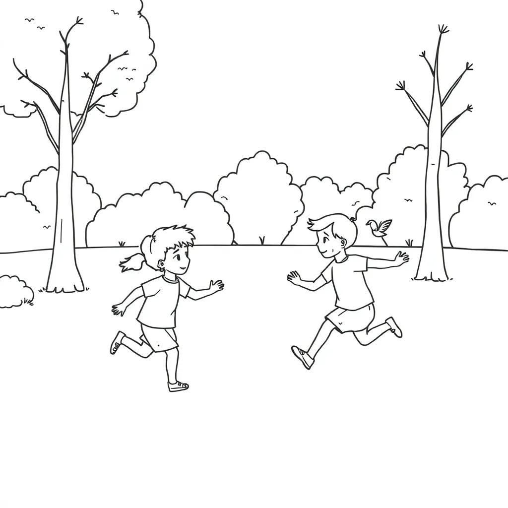 Children doing various actions like running, jumping, and reading