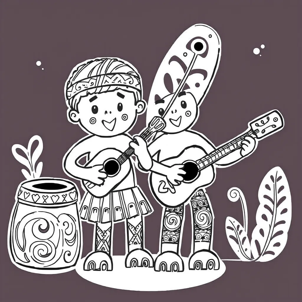 Māori children singing waiata with musical notes