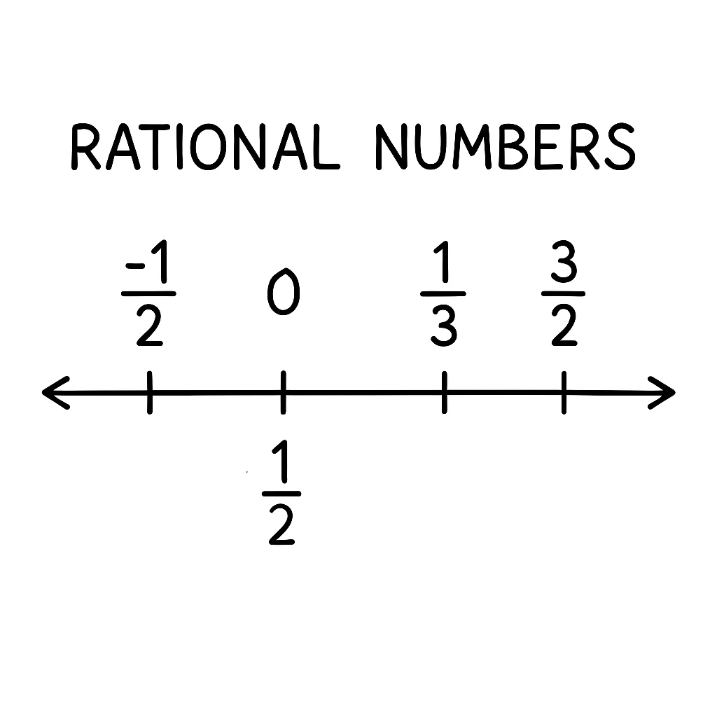 Rational numbers illustration showing fractions, decimals and percentages