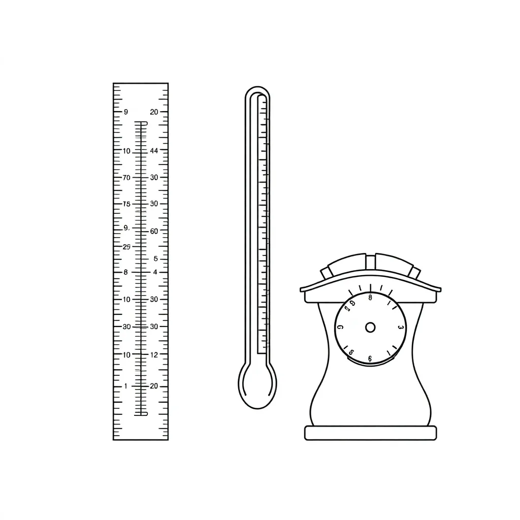 Measurement tools including ruler, measuring jug, and cubes