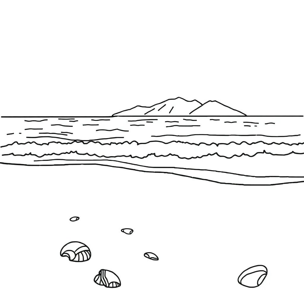 Seashore with shells and geometric shapes