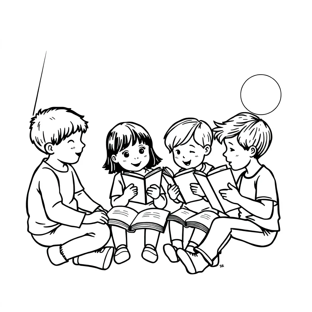 Story book with speech bubbles and descriptive words