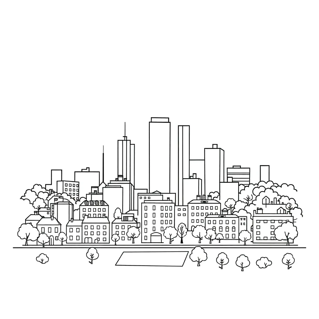 Sustainable city with green spaces and buildings