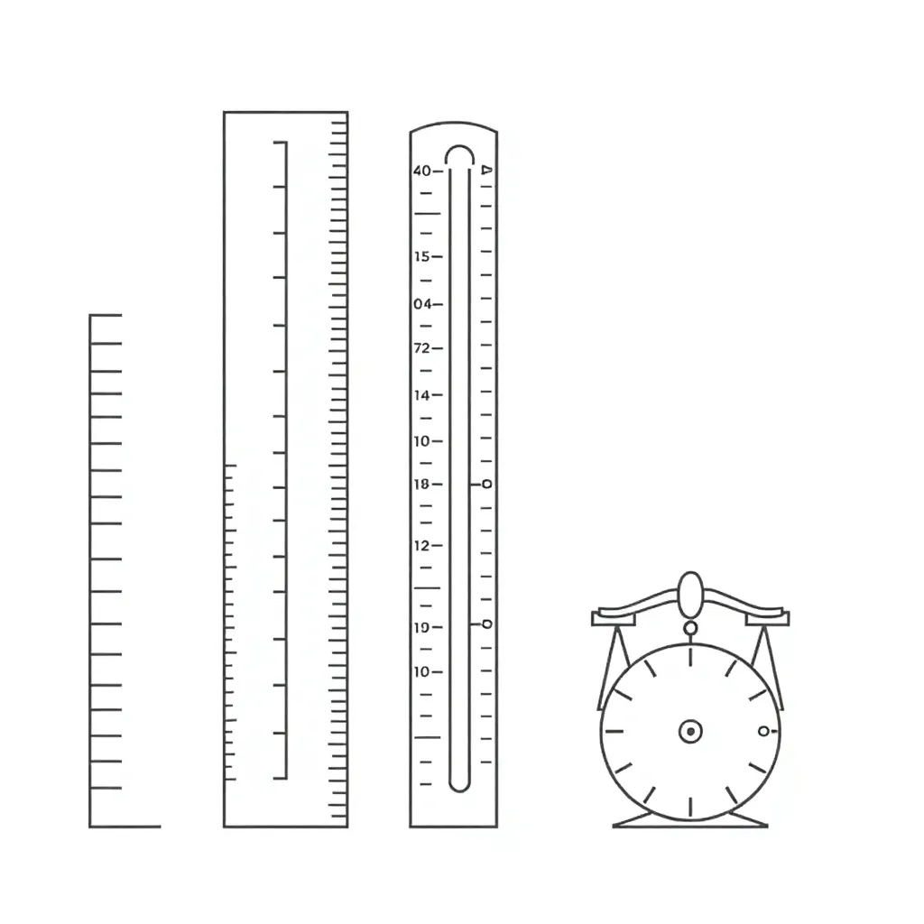 Metric measurement tools including ruler, scales, and measuring jug