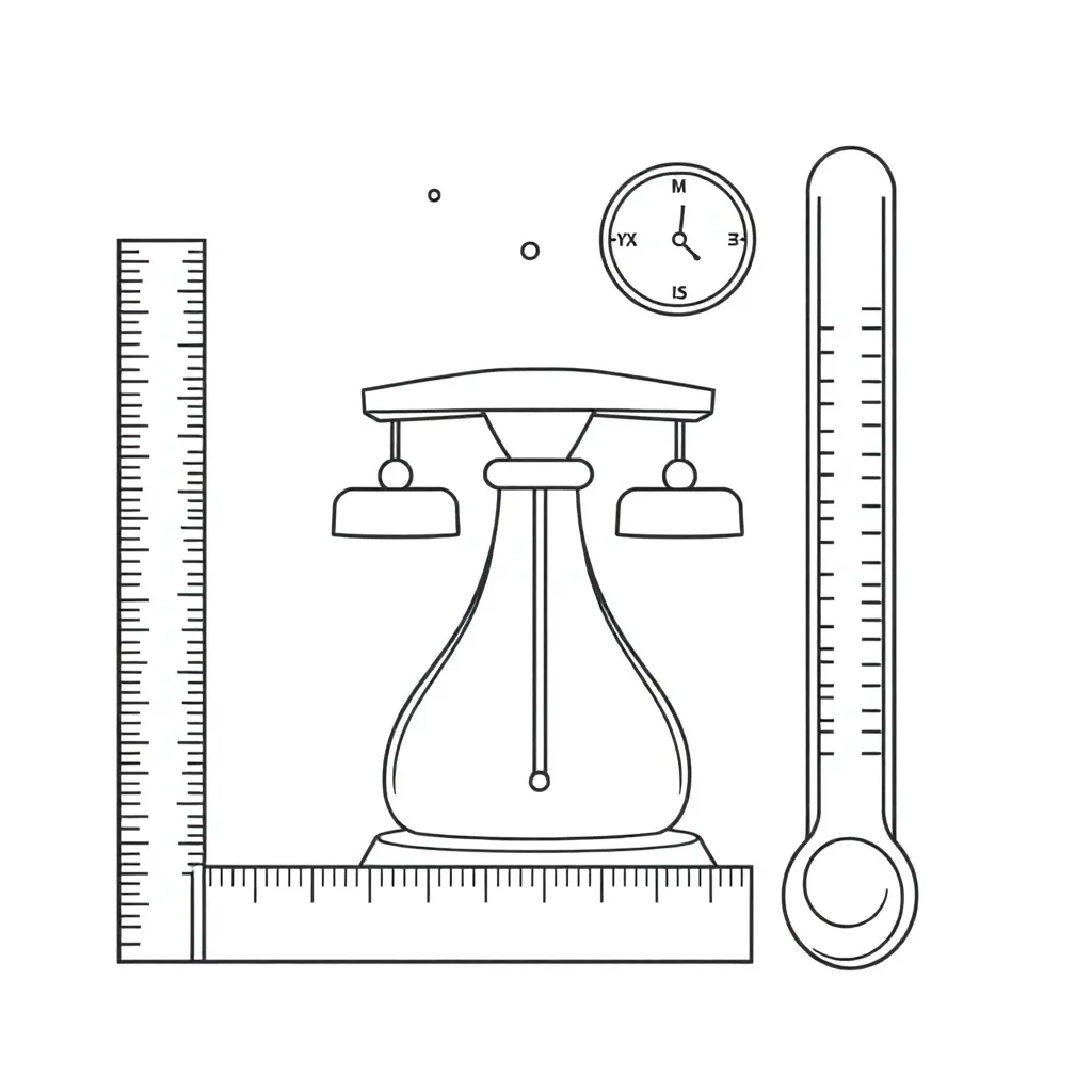 Measuring tools including ruler, scales, and measuring jug