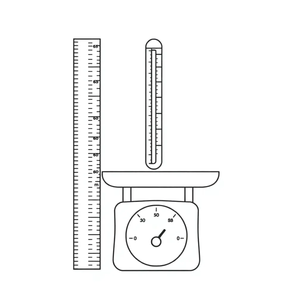 Measurement tools including ruler, scales, and thermometer