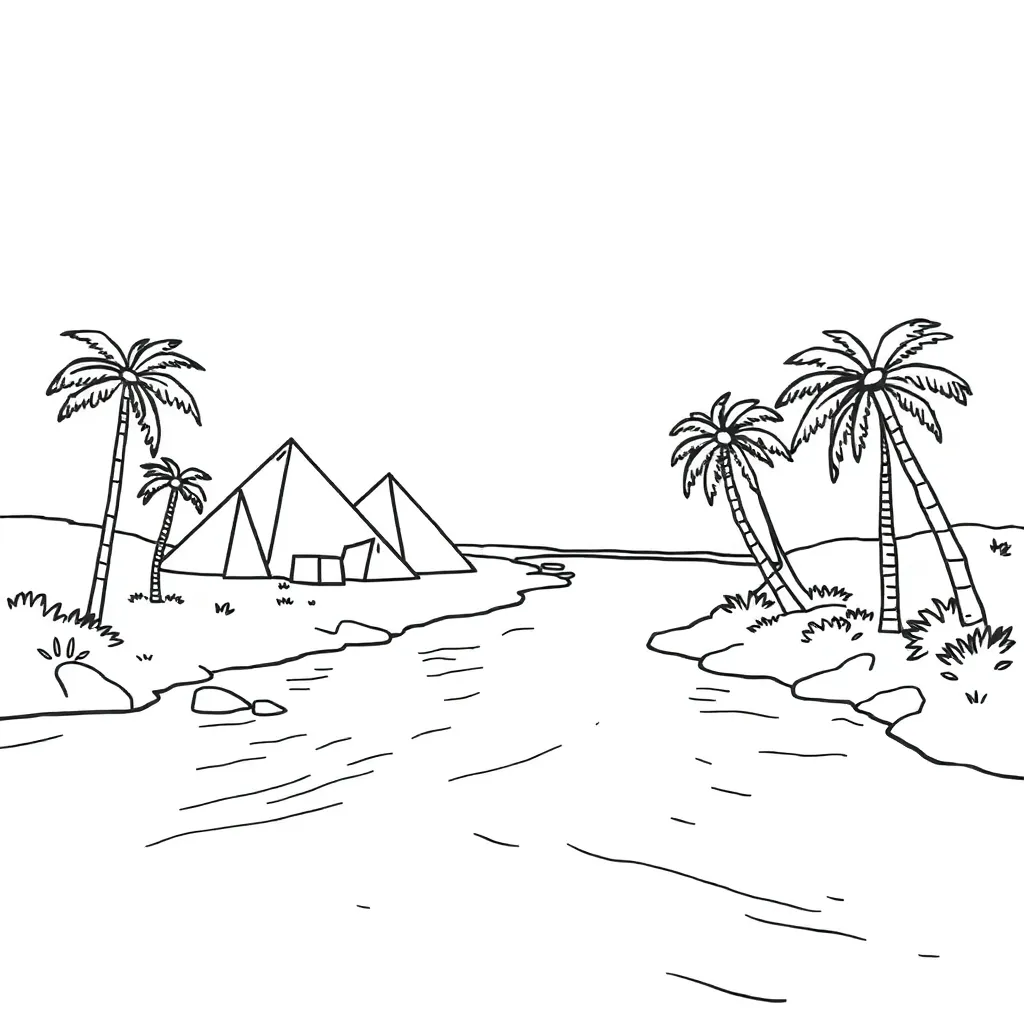 Ancient Egyptian pyramid and Nile River