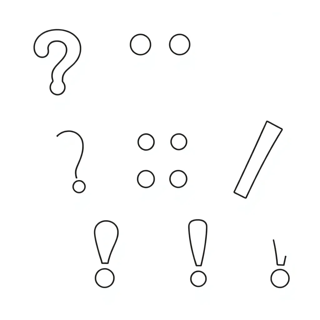 Detective with magnifying glass looking at punctuation marks
