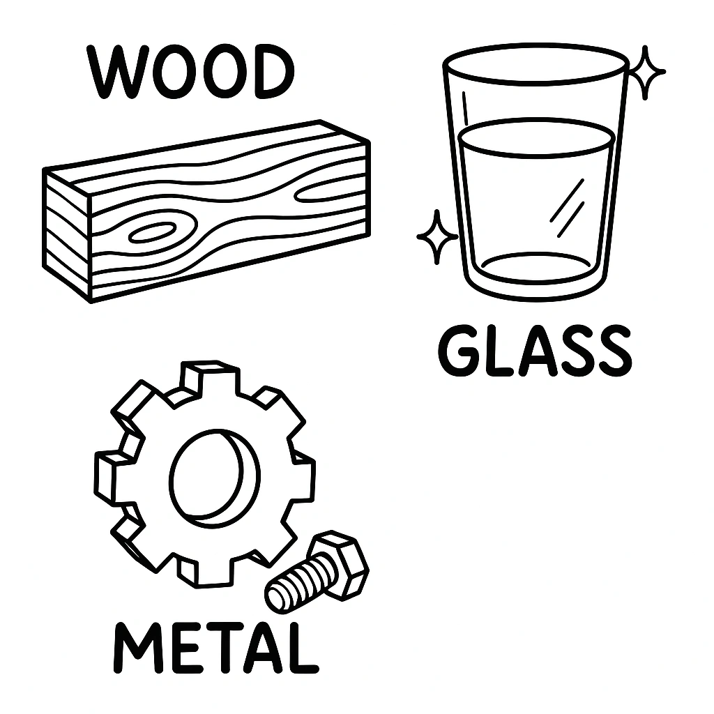 Various materials including wood, metal, plastic and fabric