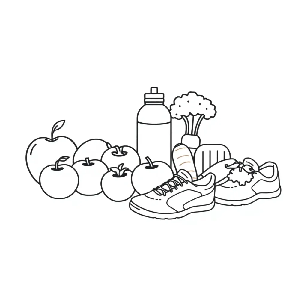Children washing hands and eating healthy foods