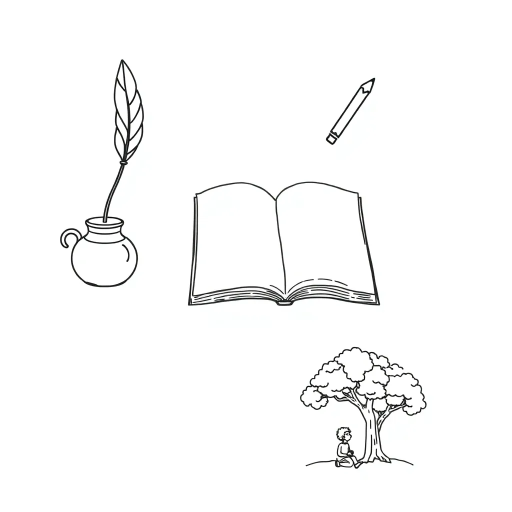 Open book with story elements illustration