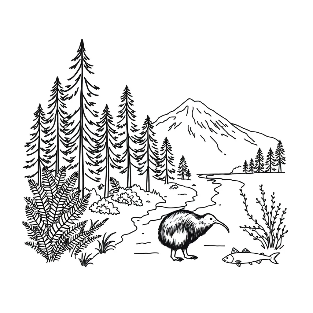 New Zealand ecosystem illustration