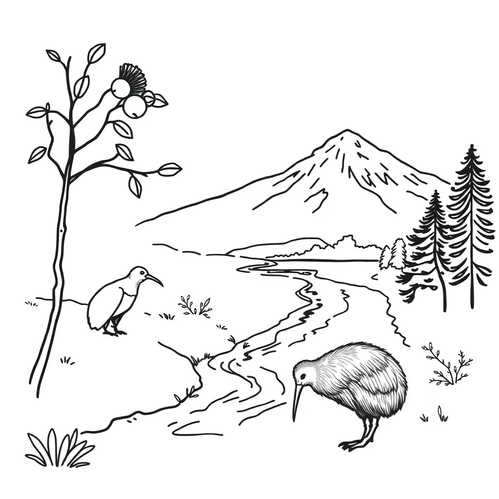 New Zealand ecosystem with native plants and animals