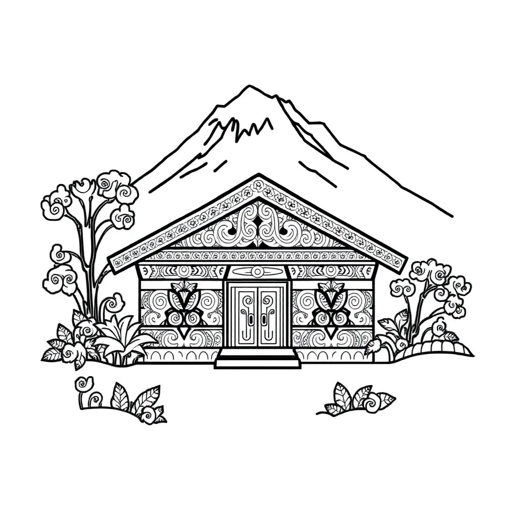 Traditional Māori wharenui with carved pou and tukutuku panels