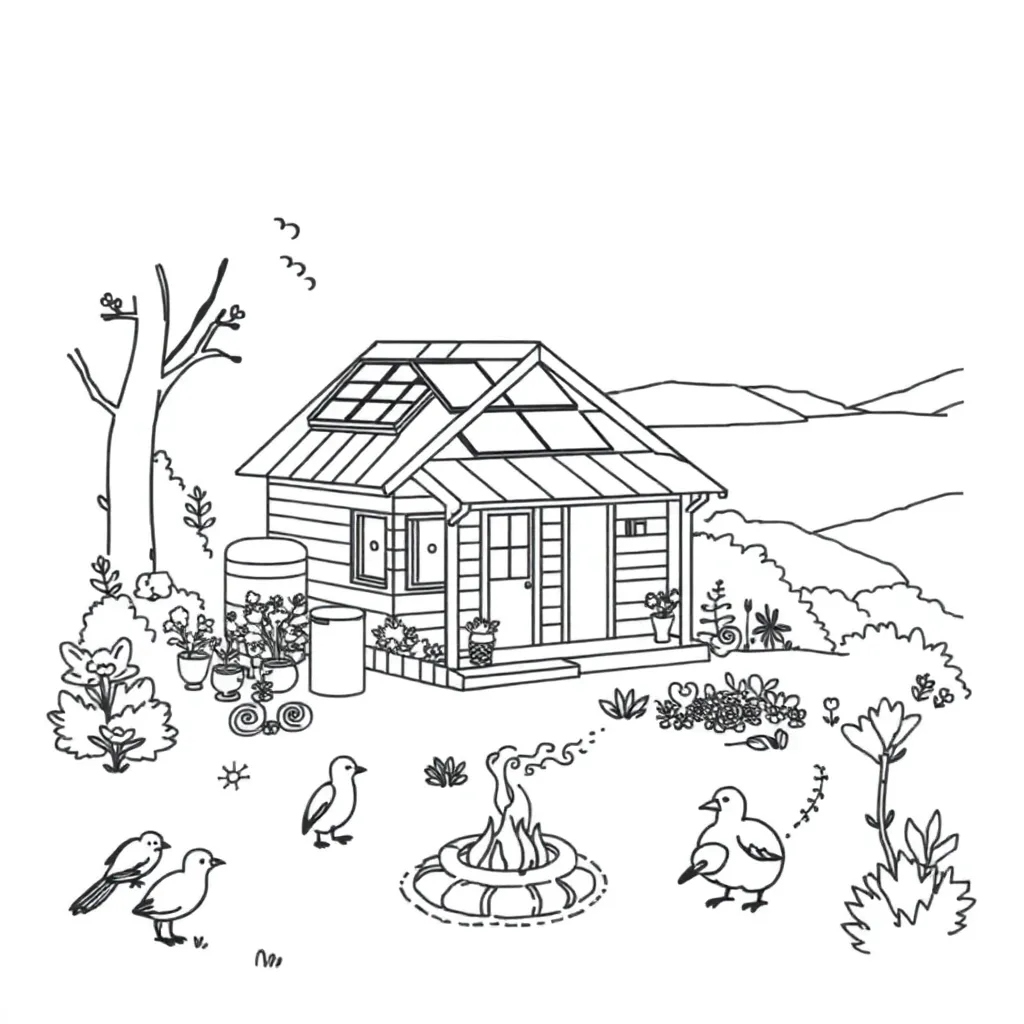 Coromandel Peninsula landscape with solar panels and rainwater tanks