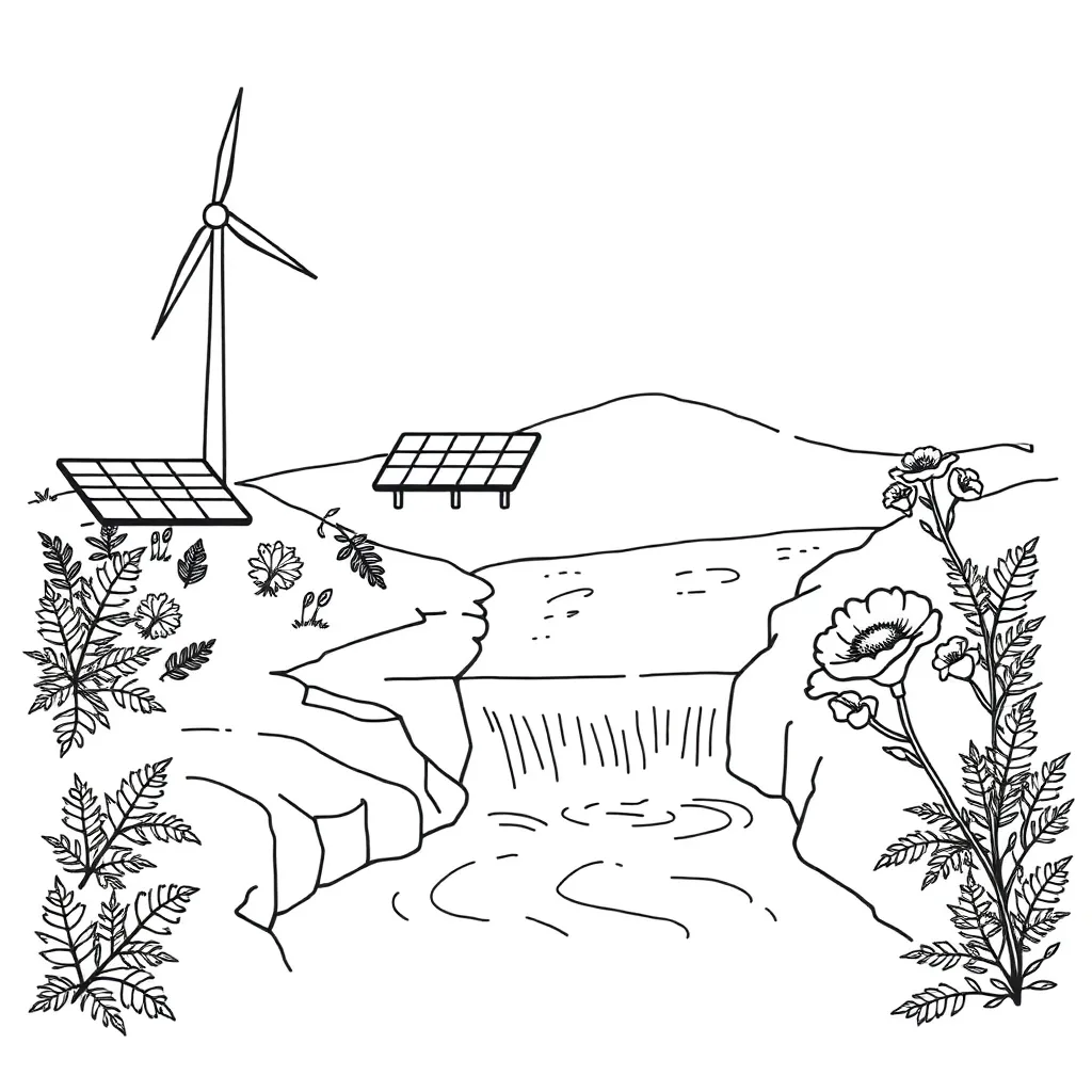 Wind turbines and solar panels in New Zealand landscape