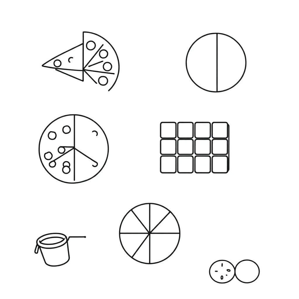 Pizza and chocolate bar divided into fractions