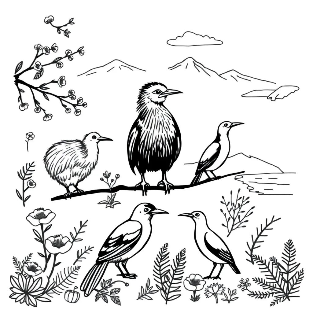 New Zealand native birds in their habitats