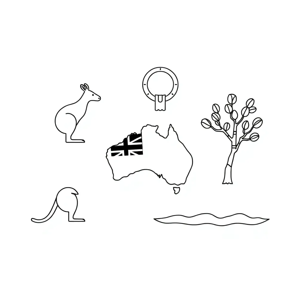 Australian flag and diverse cultural symbols
