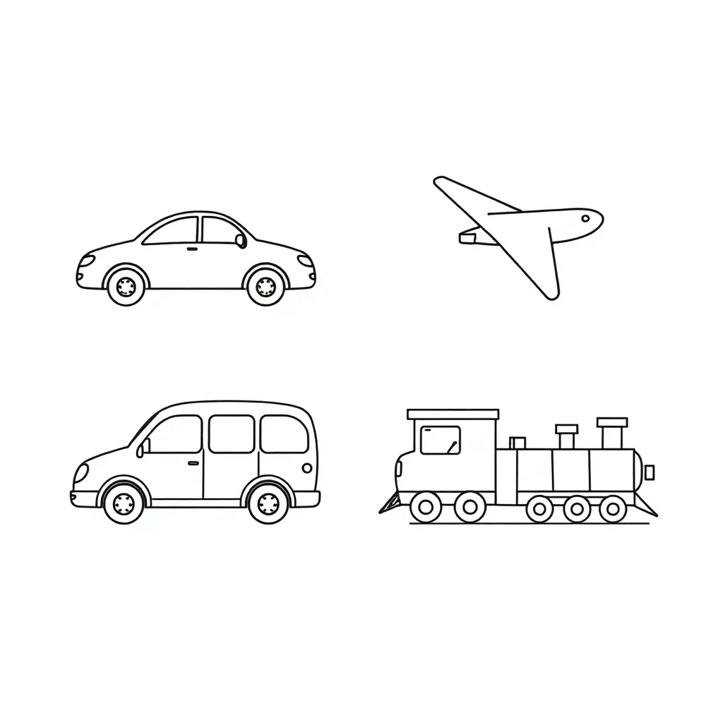 Various transportation vehicles including car, bus, train and plane