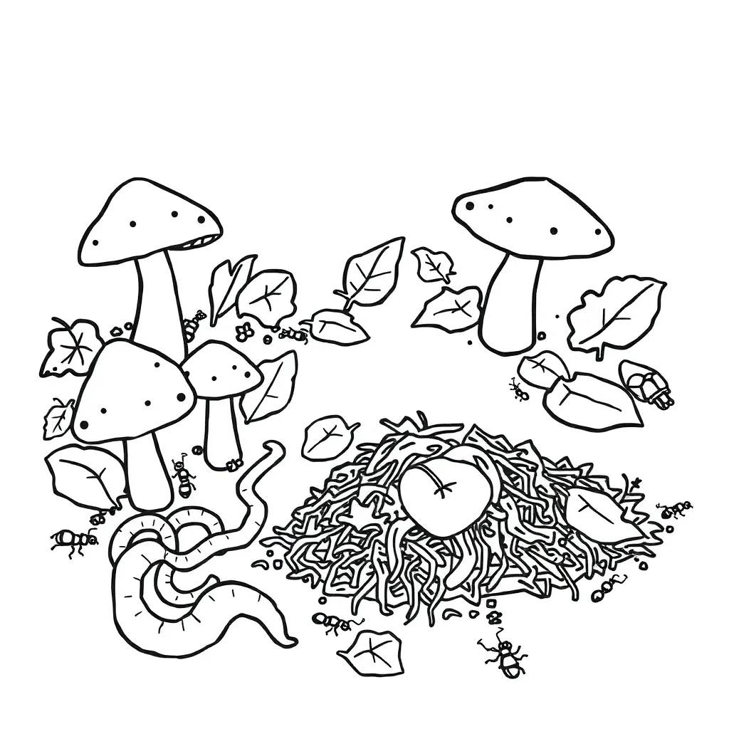 Decomposers breaking down leaves and organic matter