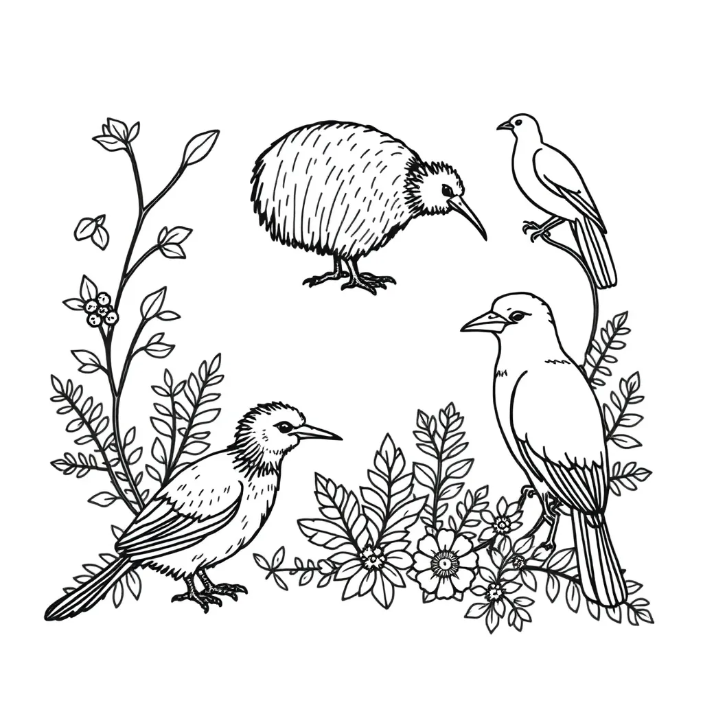 Native New Zealand birds illustration