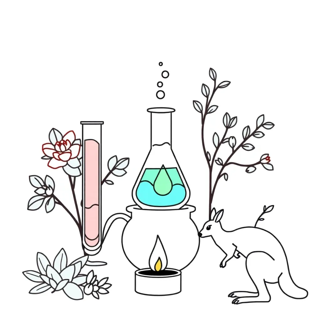 Chemical reaction illustration showing bubbling beakers and molecules