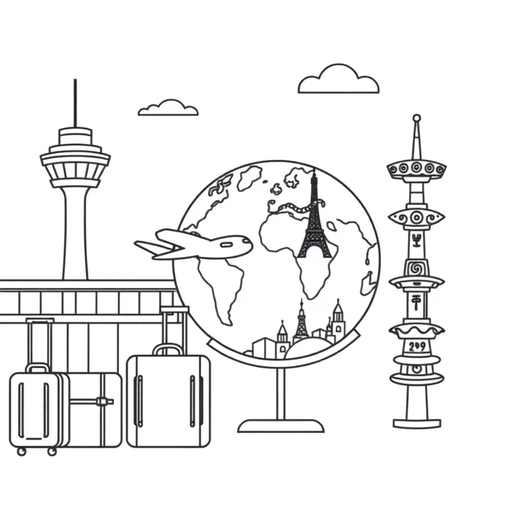 Airport scene with travellers and staff