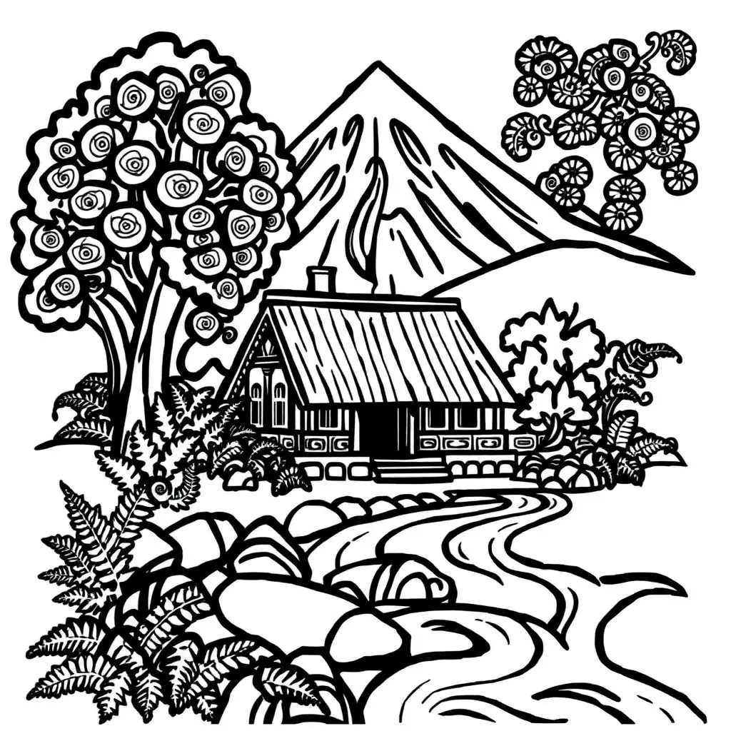 Māori legend illustration showing mountains and lakes