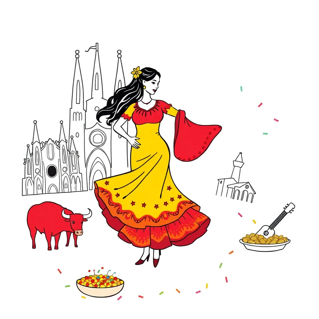 Spanish flag and landmarks illustration