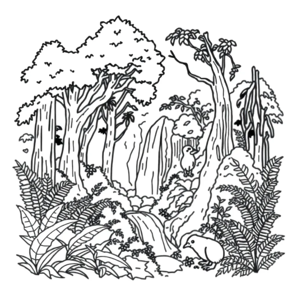 Rainforest scene with animals and plants