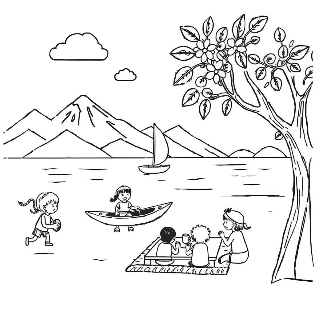 Colourful illustration of children playing with words floating around them