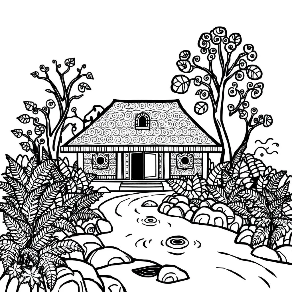 Theatre masks and Māori patterns illustration