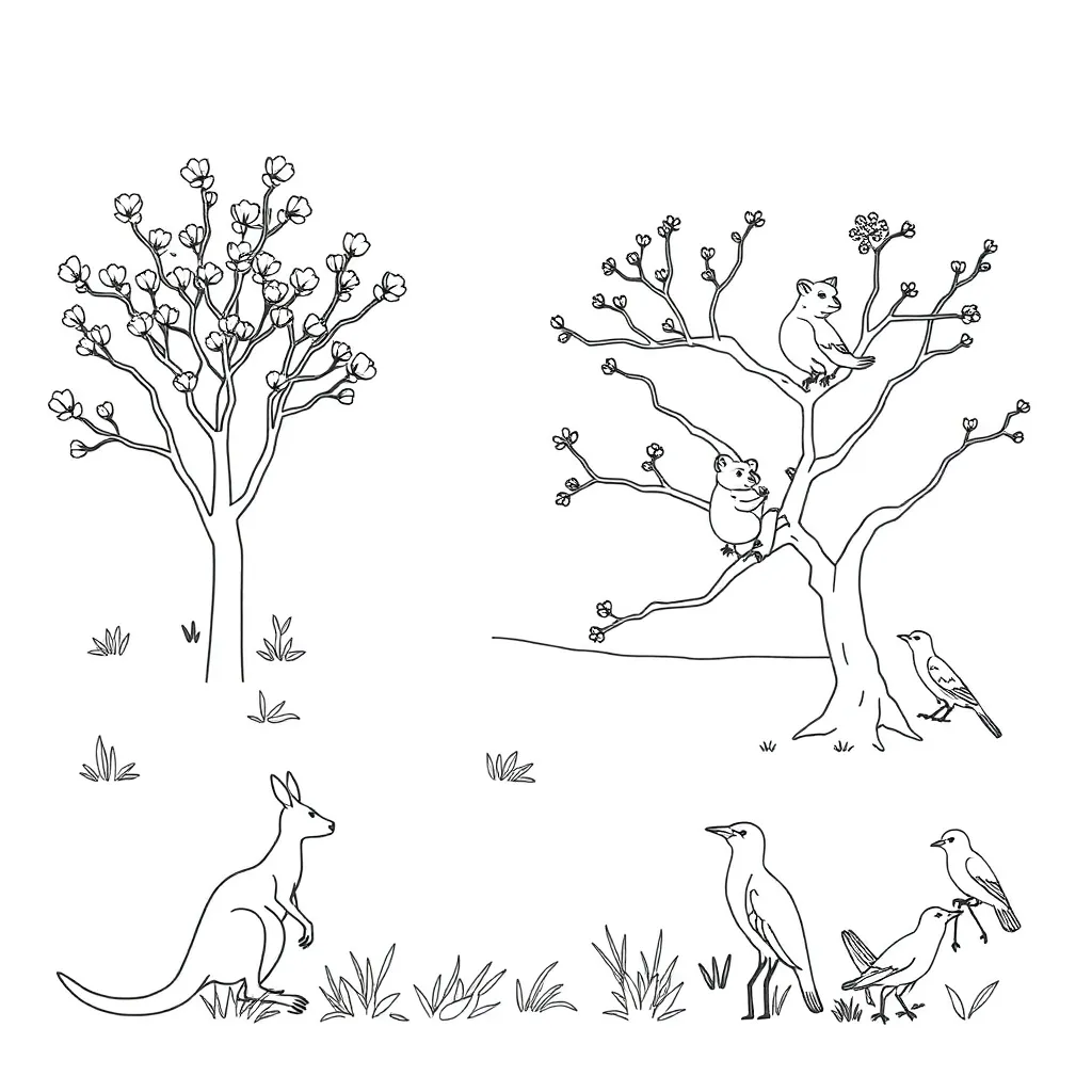 Australian nature scene with gum trees and native flowers