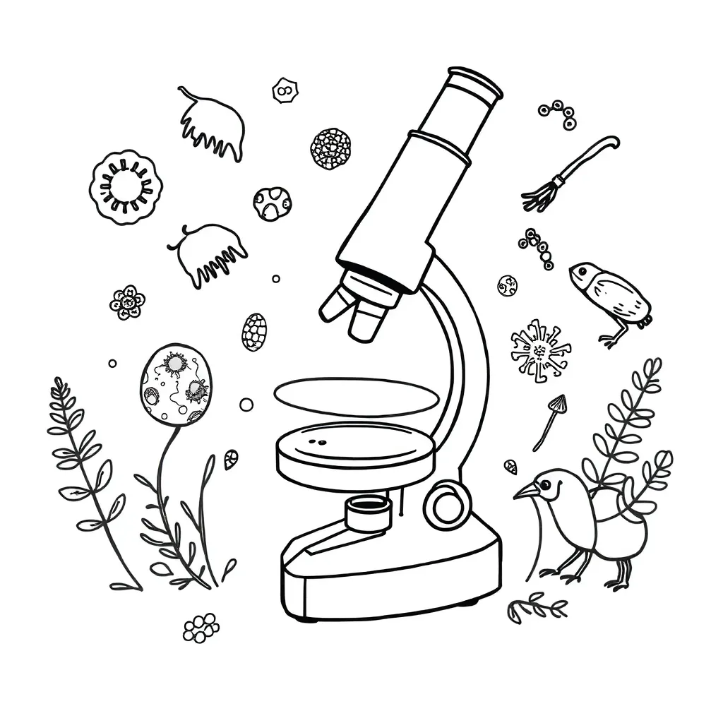 Microscope and microscopic organisms illustration
