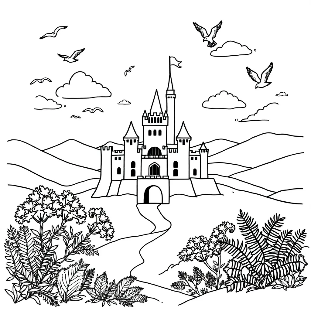 Dragon flying over a castle