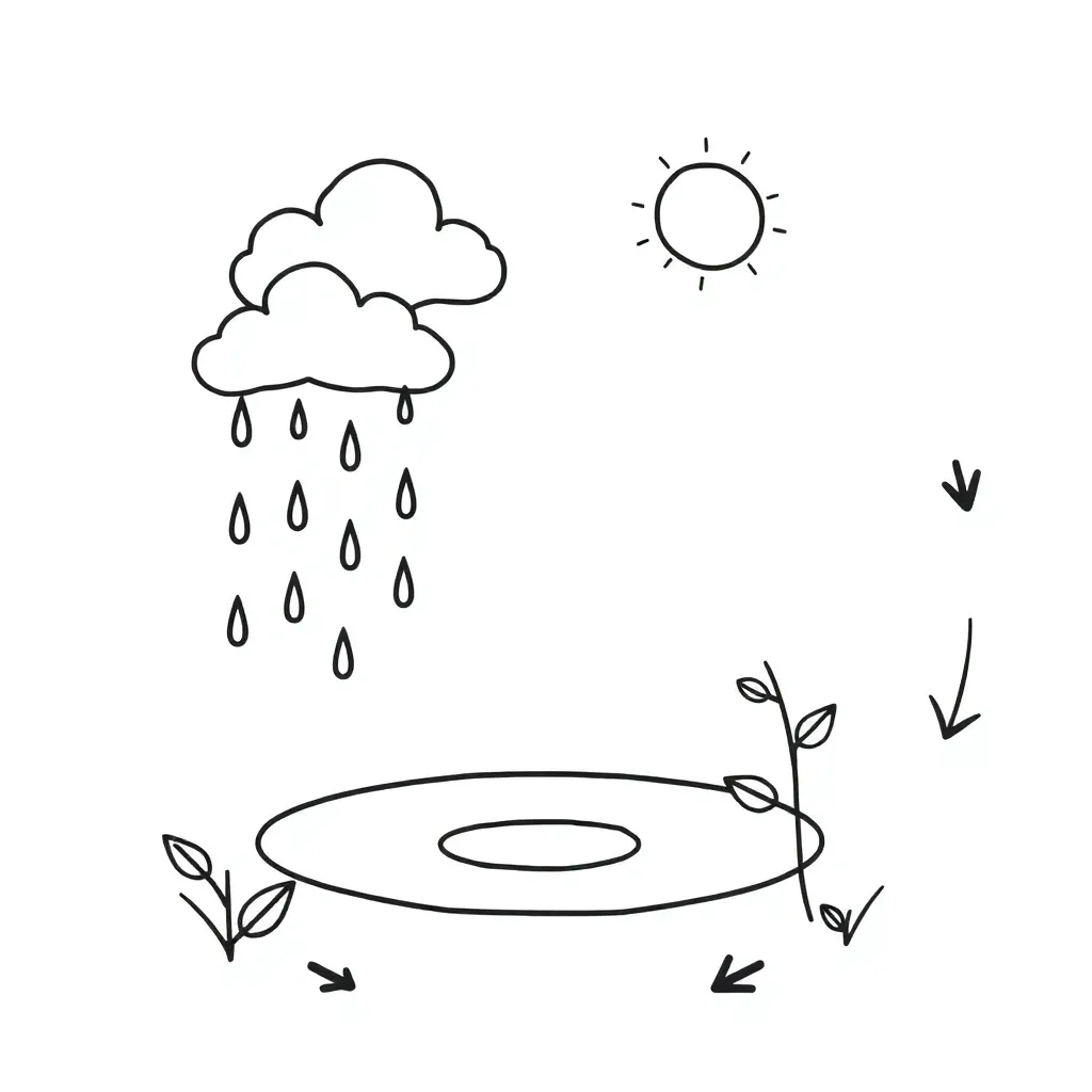Water cycle diagram showing evaporation, condensation, and precipitation