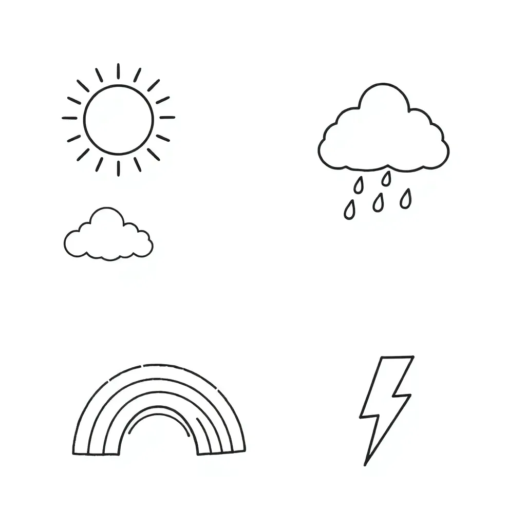 Weather symbols including sun, clouds, rain and wind