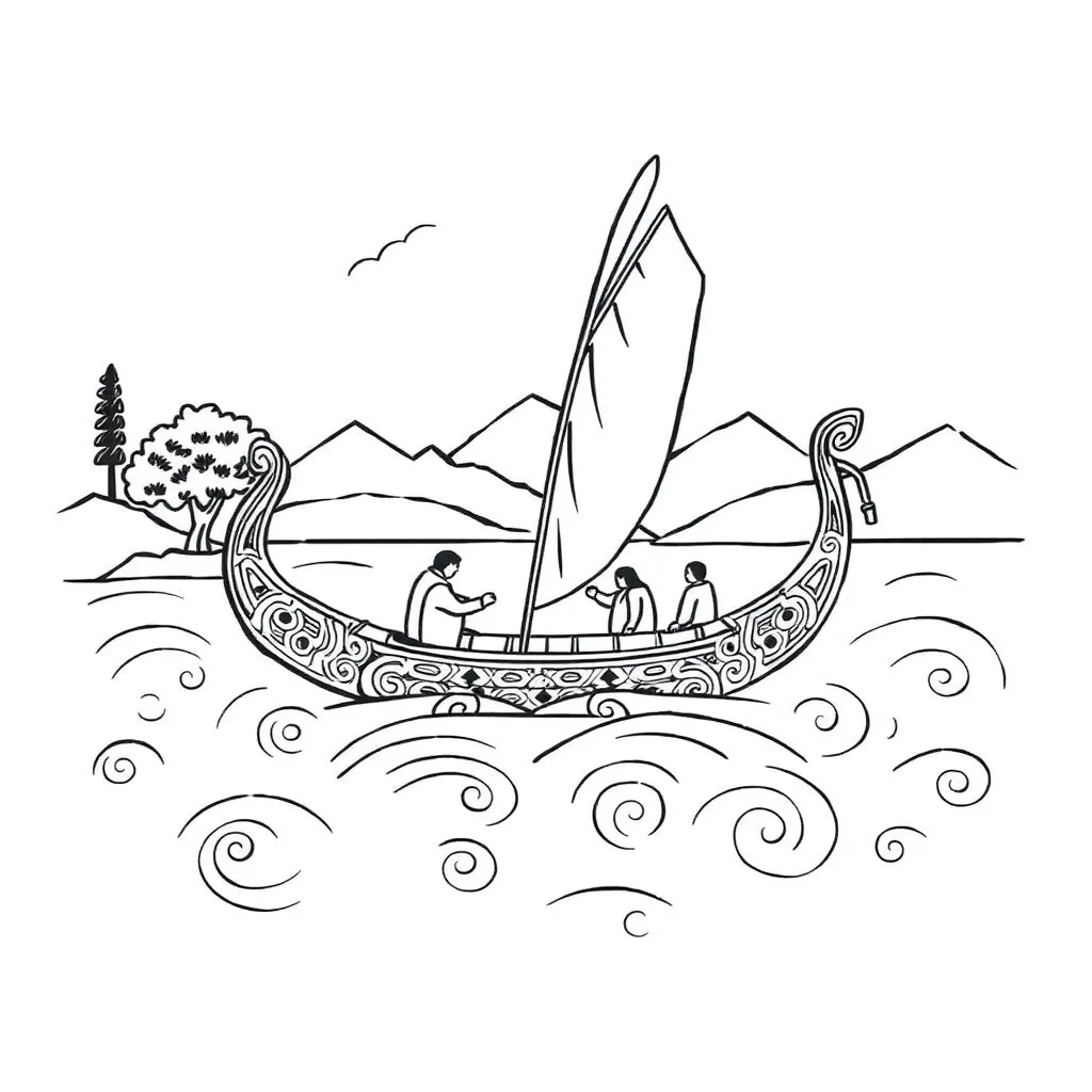 Māori waka sailing on ocean waves