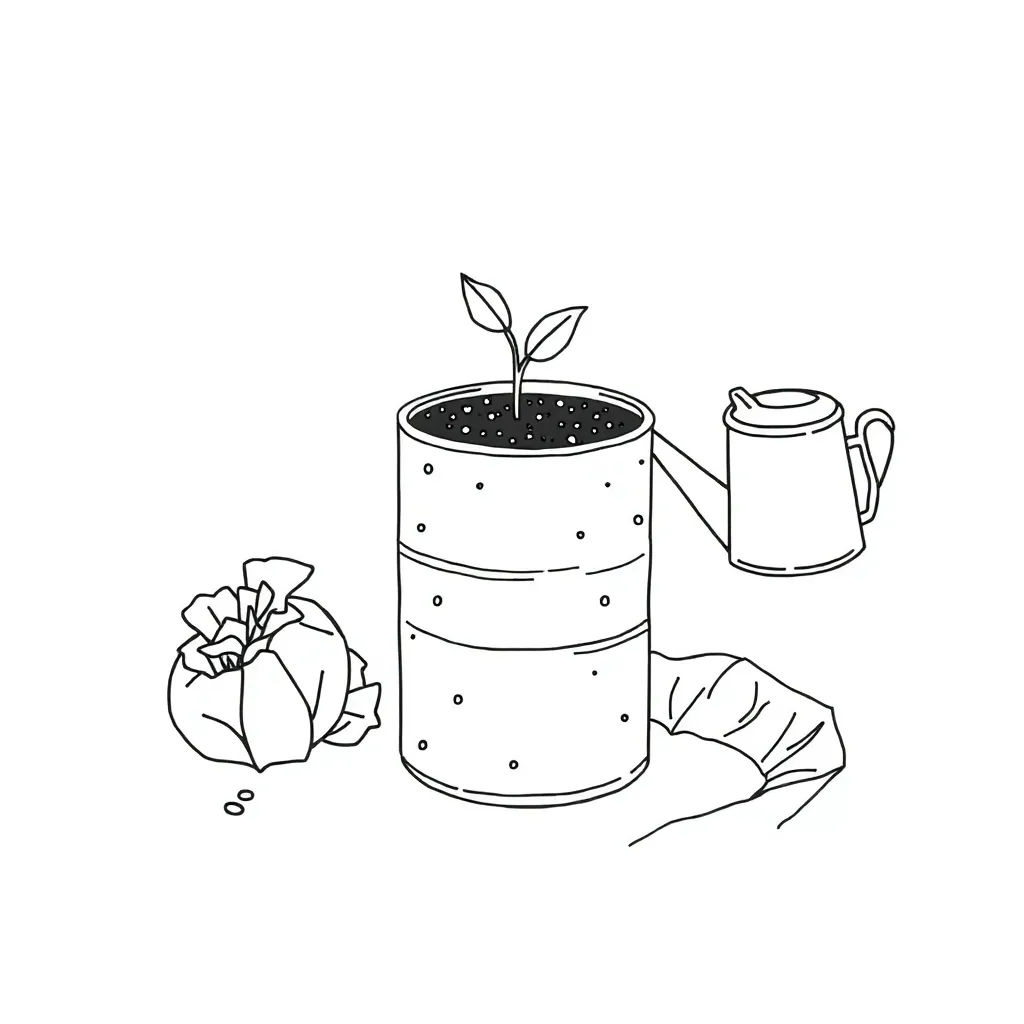 Decorated tin can plant pot with seedling