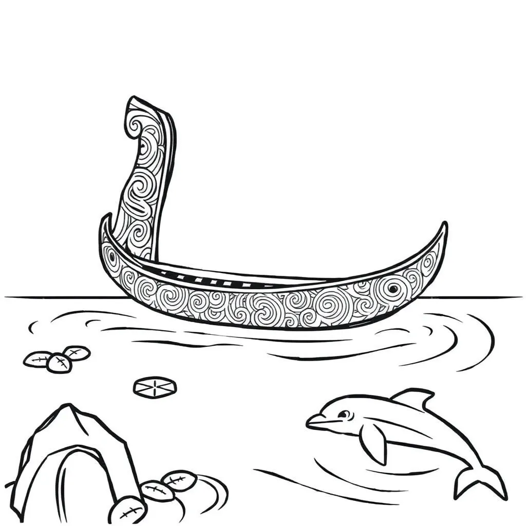 Hinemoa swimming across the lake with natural objects floating and sinking