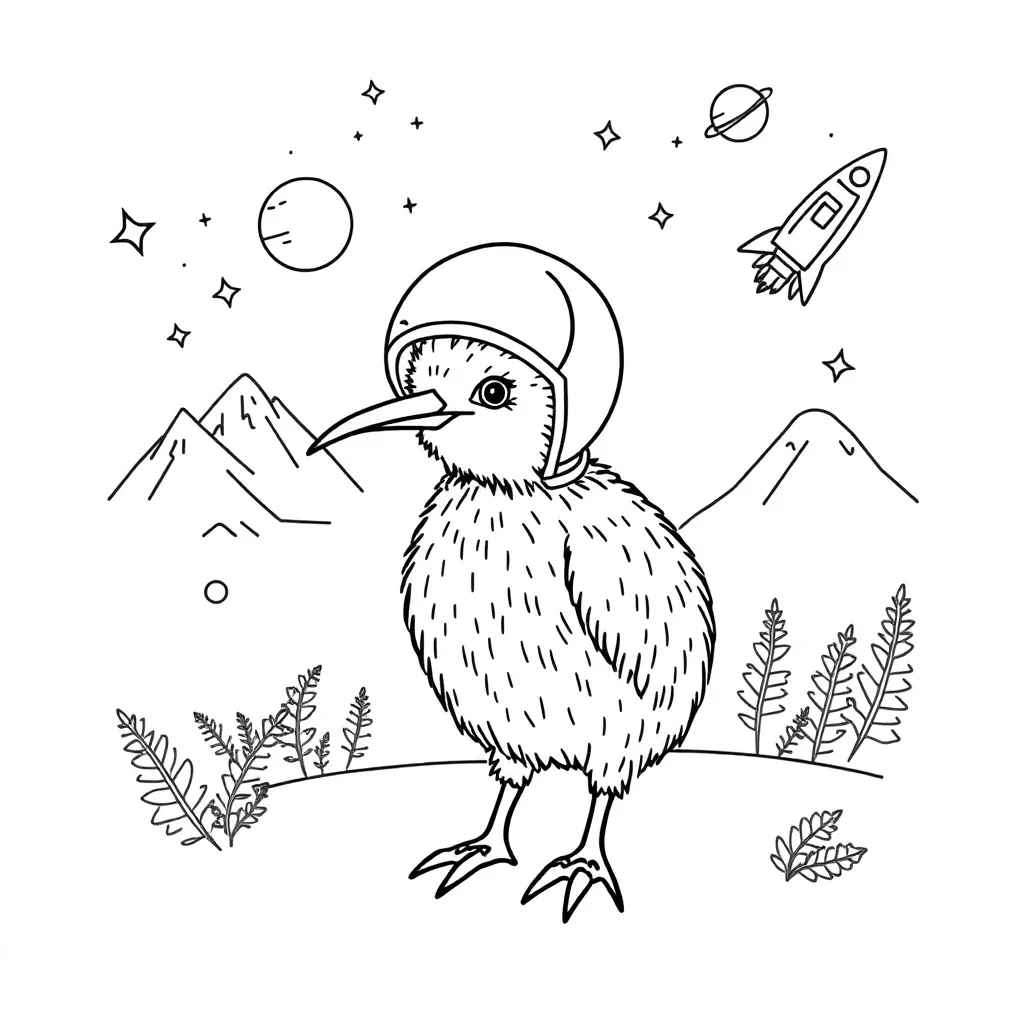 Astronaut kiwi bird floating in space with stars